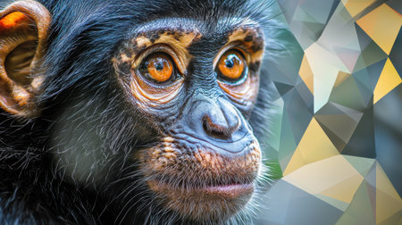 This captivating close-up photo captures the expressive face of a young chimpanzee, featuring bright eyes and soft fur. Ideal for wildlife enthusiasts.の素材