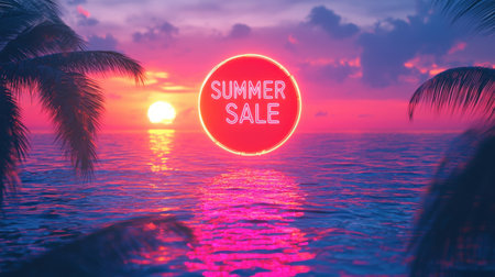 Capture the essence of summer with this stunning image showcasing a vibrant sunset over the ocean, framed by palm trees and a neon sale sign.の素材