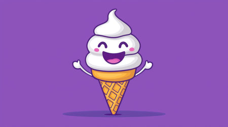 This adorable cartoon ice cream cone features a joyful character with a happy face against a vibrant purple background, perfect for playful designs.の素材