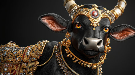 A captivating portrait of a black cow adorned with exquisite jewelry and traditional attire, embodying cultural richness and spiritual significance in various societies.の素材