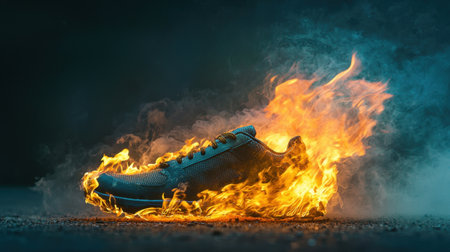 A striking image of a lone athletic shoe engulfed in flames, showcasing intense heat and drama, perfect for themes of passion and energy in sports.の素材