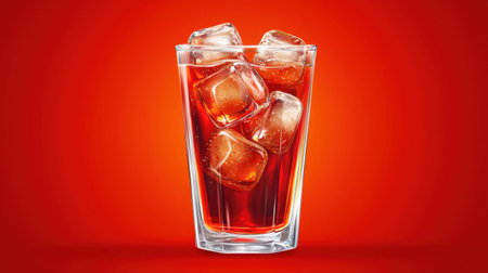 A stunning image of a glass filled with a cold beverage and ice cubes, set against a bright red background. This visually appealing composition captures the refreshing essence of drinks.の素材