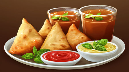 A vibrant and tempting plate featuring crispy samosas served with tangy red and yellow dips alongside glasses of refreshing chai, perfect for snacking.の素材
