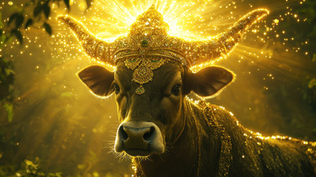 This stunning image showcases a cow beautifully adorned with intricate golden decorations, shining in a breathtaking light filled with sparkles. The regal presentation highlights the sacredness of the animal in a serene natural setting.の素材