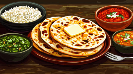 This image showcases a delicious Indian meal with butter roti, vibrant lentil dishes, aromatic rice, and green chutney, bringing together rich flavors and textures.の素材