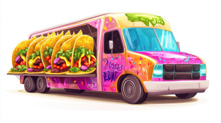 A vibrant food truck design showcasing a variety of mouth-watering tacos filled with fresh ingredients, embodying a lively street food atmosphere.の素材
