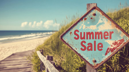 A charming vintage sign announcing a summer sale, located on a sandy beach path, with a stunning view of the ocean and a bright blue sky.の素材