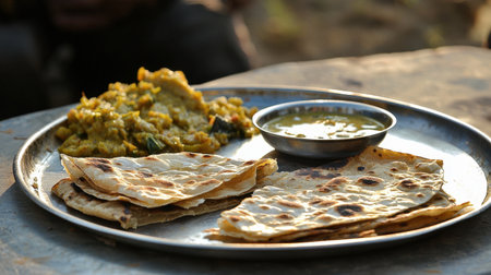 A visually appealing traditional Indian meal featuring flatbread, flavorful curry, and fresh green chutney served on a stainless steel plate in natural light.の素材