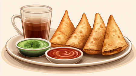This vibrant image showcases a plate of crispy samosas served with refreshing green chutney and rich red sauce, complemented by a steaming cup of tea, perfect for a satisfying snack.の素材