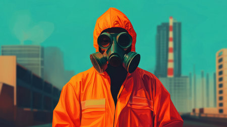 A solitary figure dressed in an orange protective suit and gas mask stands against an industrial urban backdrop, symbolizing safety and environmental awareness.の素材