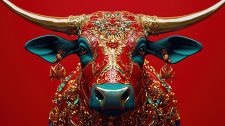 This stunning portrait features a beautifully decorated bull set against a vivid red background, showcasing intricate details and traditional craftsmanship.の素材