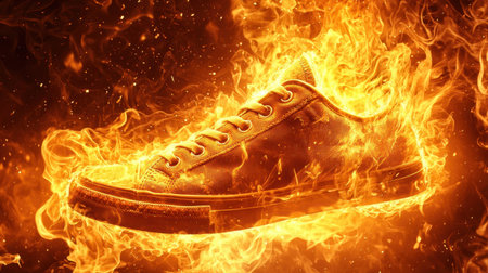 A stunning visual of a shoe engulfed in flames, showcasing bright colors and dramatic energy. This artwork captures the essence of fire and creativity.の素材