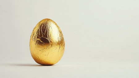 A golden foil-wrapped egg gleams brightly, isolated on a white backdrop, symbolizing luxury and celebrationの素材