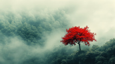 A bright red tree emerges vividly from a misty forest, surrounded by layers of soft fog and muted green tones.の素材