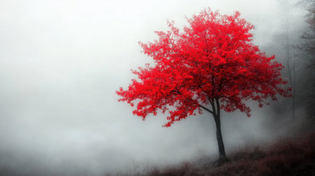 A vibrant red tree stands tall amidst a foggy forest, its bold color creating a striking contrast against the soft, enveloping mist.の素材