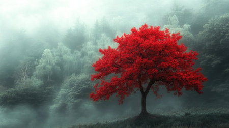 A bright red tree emerges vividly from a misty forest, surrounded by layers of soft fog and muted green tones.の素材