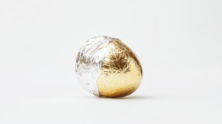 A single golden egg, perfectly wrapped in reflective foil, rests on a clean white background, radiating an air of exclusivityの素材