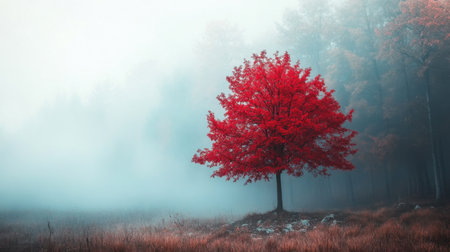 A vibrant red tree stands tall amidst a foggy forest, its bold color creating a striking contrast against the soft, enveloping mist.の素材