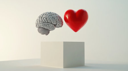 A detailed brain and a vibrant red heart are suspended over a white cube, showcasing the interplay of logic and love on a clean, modern white backdrop.の素材