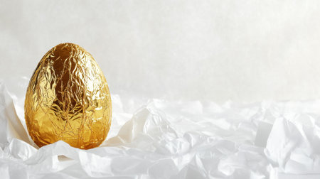 A shiny golden egg wrapped in crinkled foil stands out against a pristine white background, exuding elegance and festivity.の素材