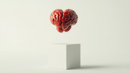 A detailed brain and a vibrant red heart are suspended over a white cube, showcasing the interplay of logic and love on a clean, modern white backdrop.の素材