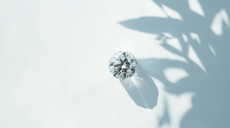 A single loose diamond rests on a pristine white background, its expertly cut facets capturing and reflecting light in a dazzling display of brilliance.の素材