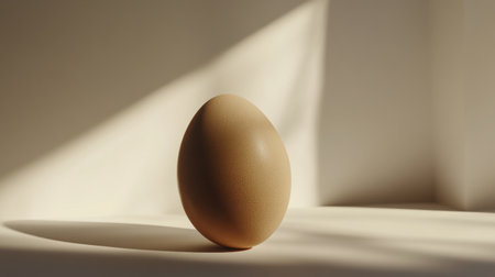 A single brown egg, evenly lit and isolated on a clean white backdrop, highlighting its organic shape and earthy tone.の素材