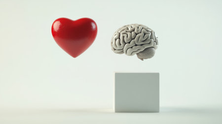 A floating red heart and a lifelike brain are positioned over a geometric white cube, representing decision-making and duality, isolated on a bright white background.の素材