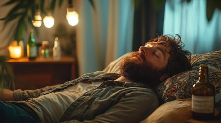 A bearded man rests on a decorative pillow, bathed in soft lighting, surrounded by bottles in a room that radiates tranquility and peace for sleep hygiene.の素材