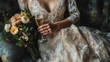 A bride wearing a beautiful lace gown holds her bouquet and champagne flute, radiating happiness and elegance in a romantic pre-wedding atmosphere.の素材
