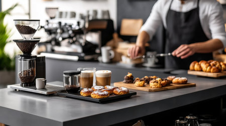 A barista prepares coffee next to an assortment of freshly baked pastries, creating a cozy caf environment with a sleek, inviting countertop.の素材