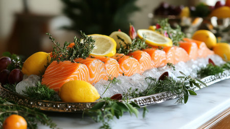 A beautifully arranged platter of fresh salmon on ice, garnished with herbs and lemon, served elegantly in a modern setting for a luxurious dining experience.の素材