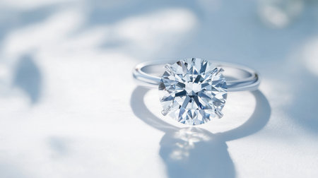 A solitary diamond with exceptional clarity and brilliance shines brightly on a pure white background, highlighting its timeless elegance and value.の素材