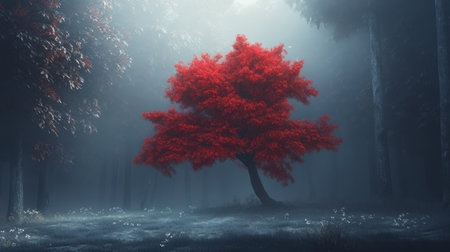 A solitary red tree dominates the scene in a mist-filled forest, shrouded in ethereal fog on a tranquil and moody day.の素材