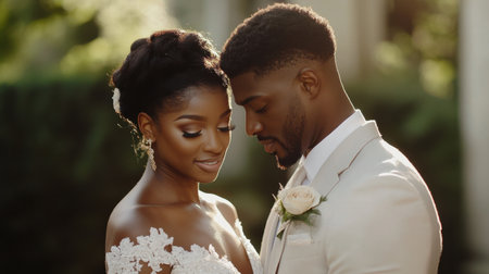 A bride and groom share a tender, intimate moment in a stylish setting, radiating love and connection as they prepare for their wedding day.の素材