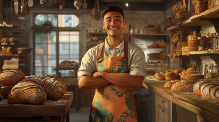 A baker in a colorful apron stands with a confident smile in a rustic bakery, surrounded by freshly baked bread and a warm, inviting atmosphere.の素材