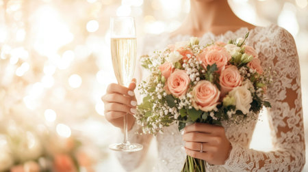 A bride in an elegant lace gown, holding a bouquet and champagne flute, radiates happiness and elegance in a romantic setting before her wedding ceremony.の素材