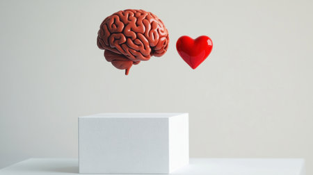 A detailed brain and a vibrant red heart are suspended over a white cube, showcasing the interplay of logic and love on a clean, modern white backdrop.の素材