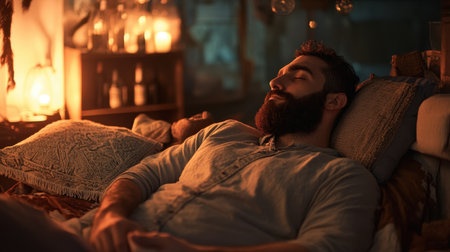 A bearded man rests on a decorative pillow, bathed in soft lighting, surrounded by bottles in a room that radiates tranquility and peace for sleep hygiene.の素材