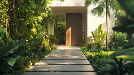 A beautiful modern home entrance surrounded by lush greenery, with a sleek pathway leading to the door, showcasing a harmonious blend of design and nature.の素材