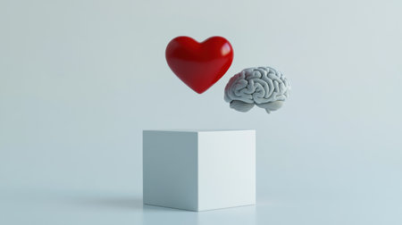 A vivid red heart and a realistic brain hover above a sleek white cube, symbolizing the balance between emotions and intellect, set against a minimalist white background.の素材