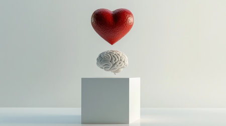 A vivid red heart and a realistic brain hover above a sleek white cube, symbolizing the balance between emotions and intellect, set against a minimalist white background.の素材
