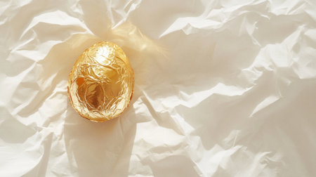 A shiny golden egg wrapped in crinkled foil stands out against a pristine white background, exuding elegance and festivity.の素材