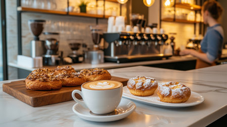 A barista prepares a cup of coffee alongside freshly baked pastries on a sleek countertop, creating a cozy and inviting caf atmosphere for customers.の素材