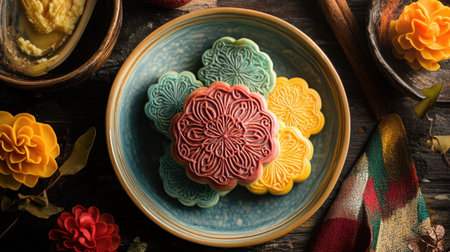 A beautifully detailed mooncake with intricate designs sits elegantly on a plate, showcasing the perfect dessert for a Chinese New Year feast.の素材
