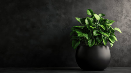 A black planter with vibrant greenery in a dark setting, bringing a touch of nature into a modern, stylish indoor decor space.の素材