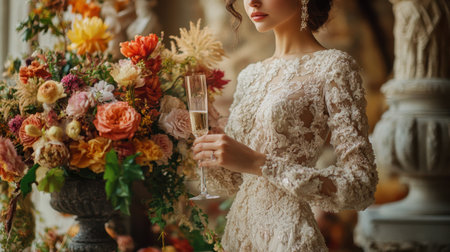 A bride in a stunning lace gown holds a bouquet and a champagne flute, exuding elegance and joy in a romantic setting, perfect for pre-wedding moments.の素材
