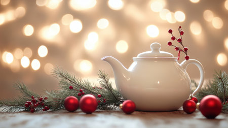 A charming white teapot with pine sprigs and red ornaments creates a cozy holiday scene, enhanced by blurred warm lights in the background.の素材