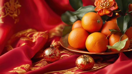 A luxurious combination of red fabric, fresh oranges, and shimmering gold accents sets the stage for a warm and festive Chinese New Year ambiance.の素材