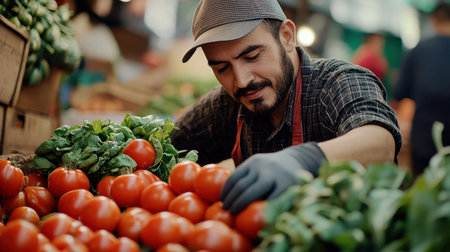 A cheerful worker in gloves and a cap arranges vibrant tomatoes and greens at a market stall, showcasing fresh produce in a lively setting.の素材